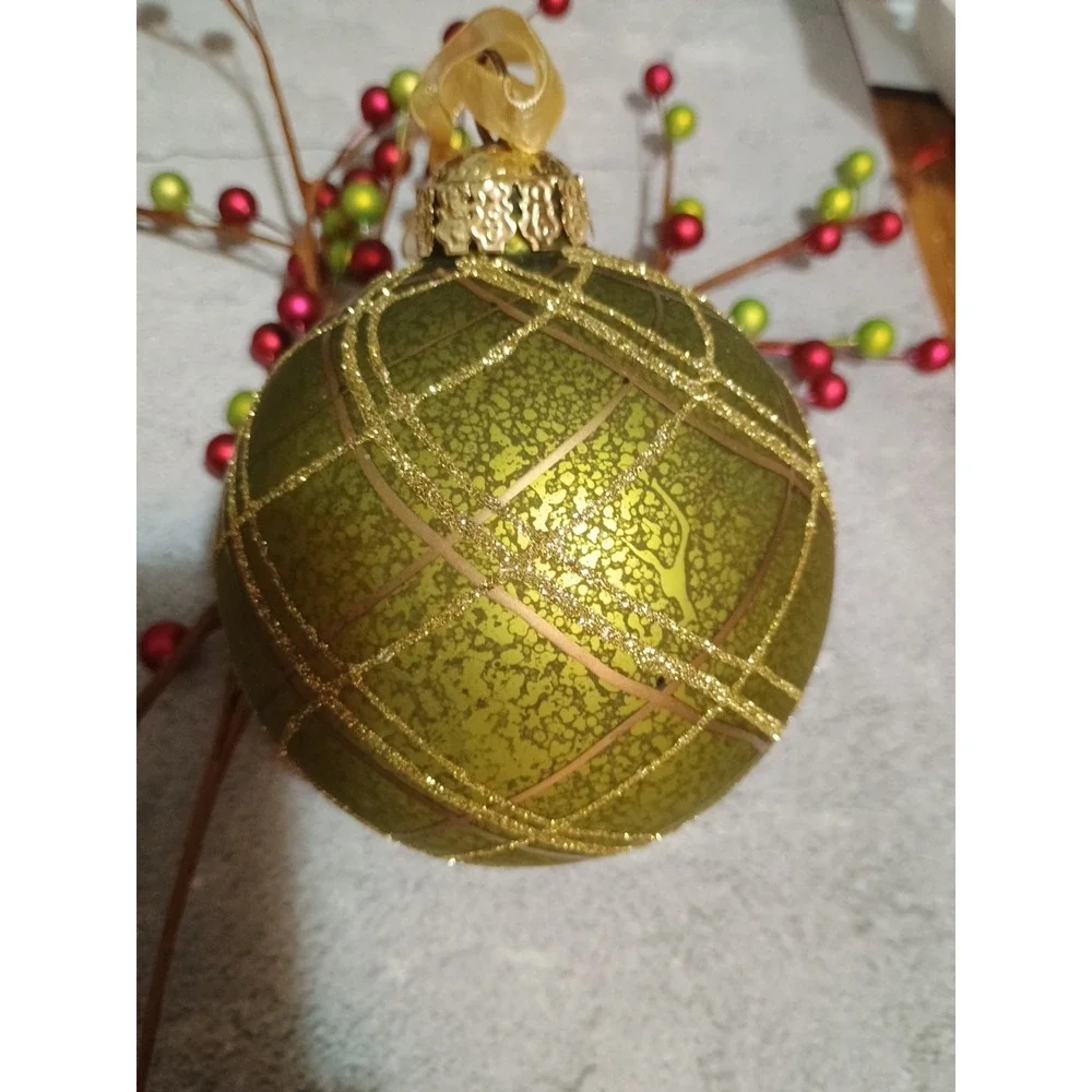 Frontgate Plaid Light Green‎ & Gold Round Glass Christmas Ornament Gold Glitter
